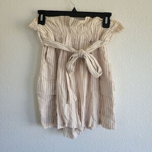 High-Waist Paperbag Tie-Waist Shorts in Light Beige Stripe